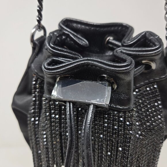 Aldo Mackie Black Faux Leather Bucket Bag Rhinestone Fringe Festival Party - Picture 3 of 13